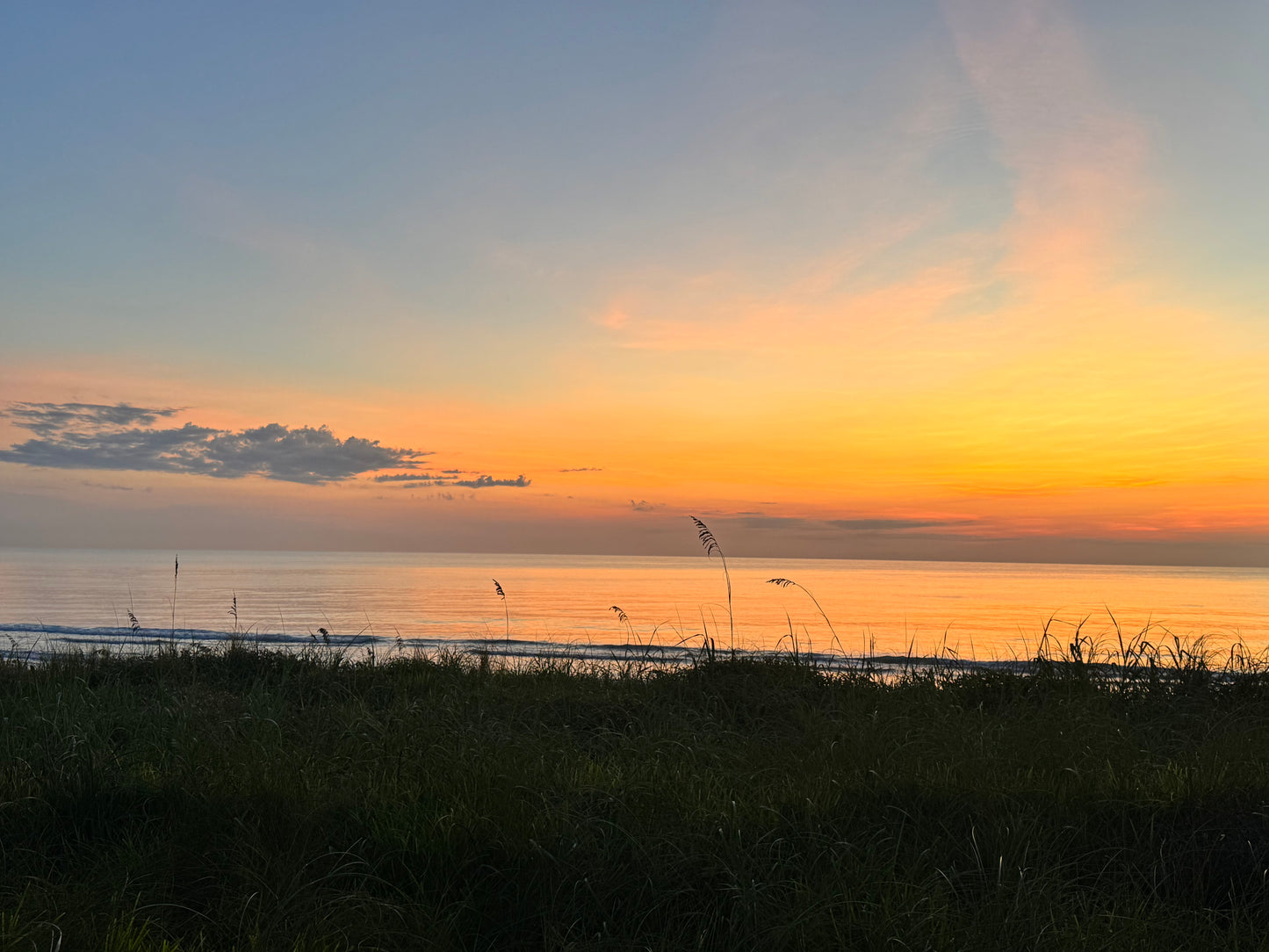 A scenic sunset over a calm body of water with a dark grassy foreground, showing a gradient sky from blue to orange and yellow.