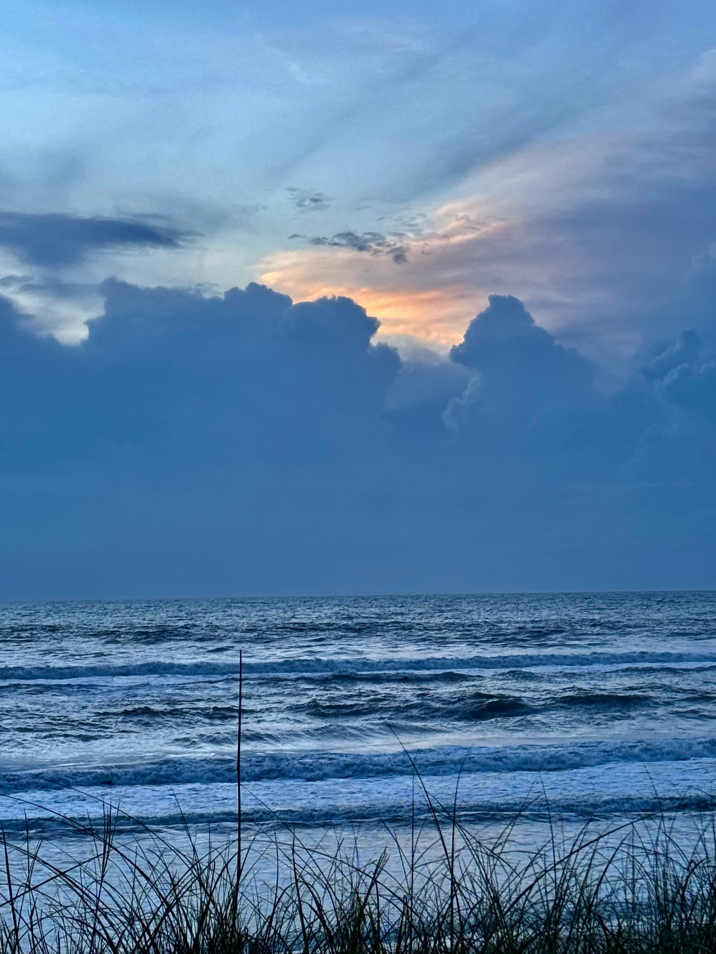 A scenic photograph of a beach shoreline at dusk or dawn, with blue ocean waves, dramatic clouds, a soft band of warm light near the horizon, and dark grasses in the foreground.