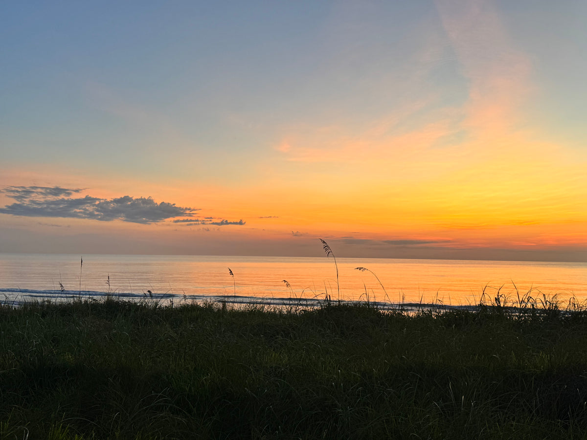 A scenic sunset over a calm body of water with a dark grassy foreground, showing a gradient sky from blue to orange and yellow.