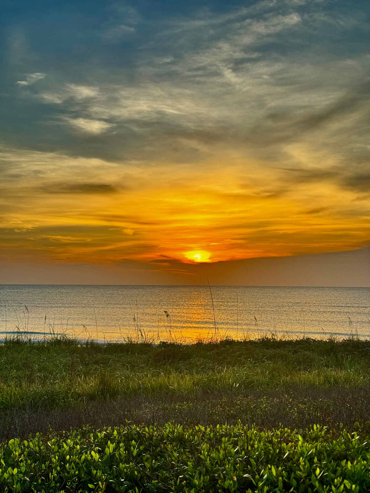 A scenic sunset over a calm body of water with a grassy shoreline in the foreground. The sky is filled with dramatic clouds in shades of blue, orange, yellow, and gold, with the sun low on the horizon reflecting warm light across the water.