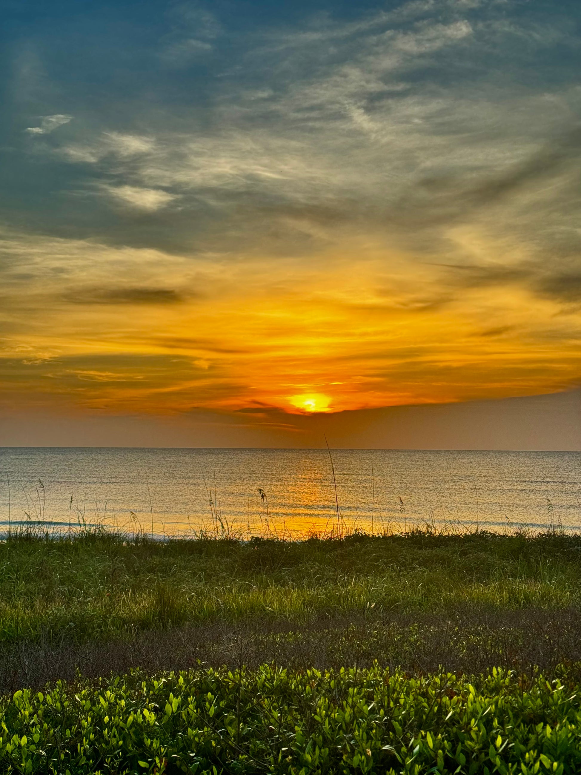 A scenic sunset over a calm body of water with a grassy shoreline in the foreground. The sky is filled with dramatic clouds in shades of blue, orange, yellow, and gold, with the sun low on the horizon reflecting warm light across the water.