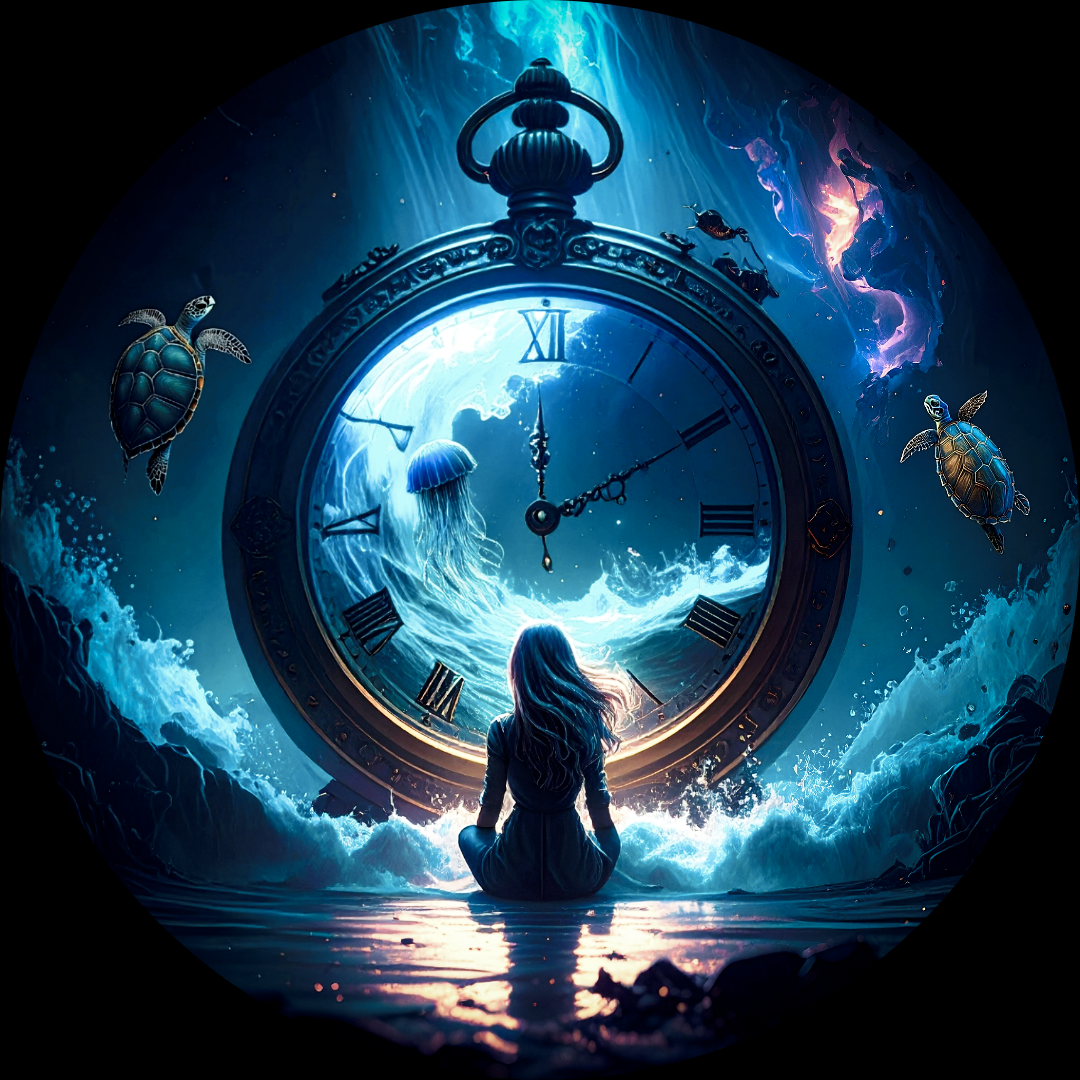 Fantasy artwork of a large ornate clock face set in ocean waves, with a seated woman in the foreground, sea turtles, a jellyfish, and glowing cosmic clouds in blue, teal, purple, and pink tones.